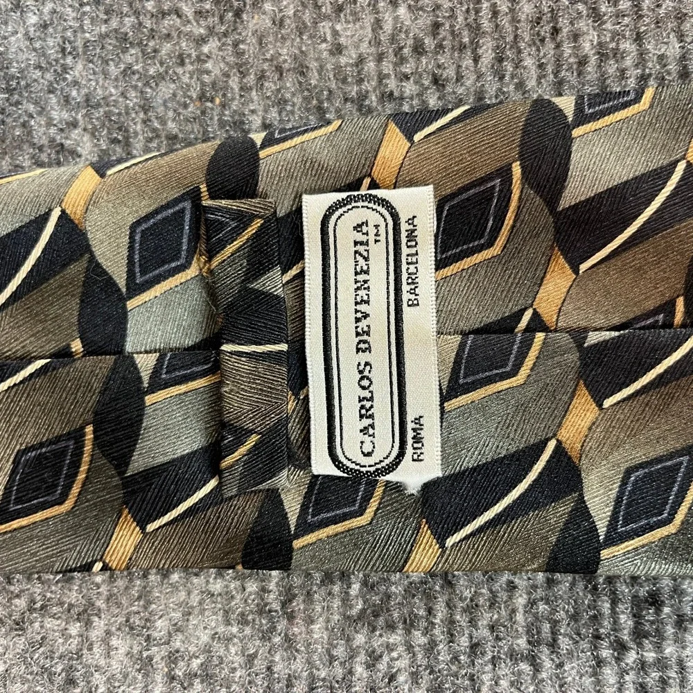 Carlos Devenezia Mens Silk Tie Geometric Diamond Olive Green Black Gold Handmade